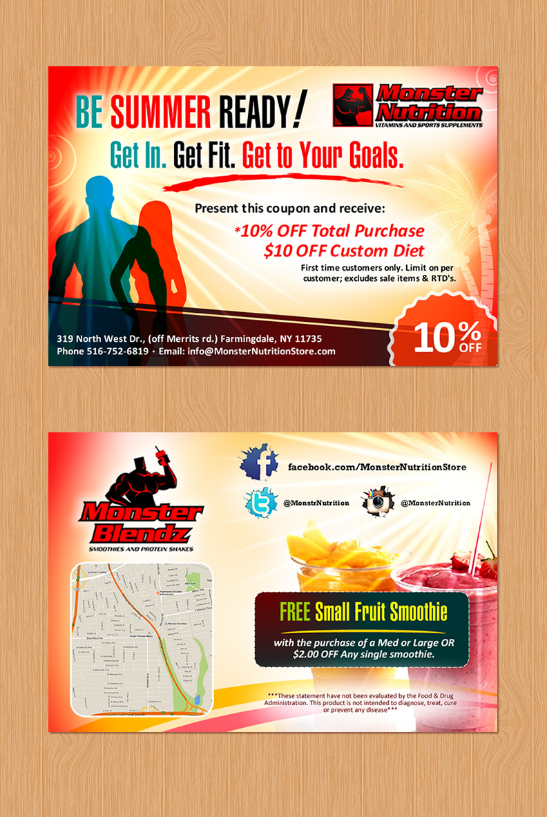 4" x 6" promotional card for Sports Supplement & Smoothie Retailer logo design by Coolwanz