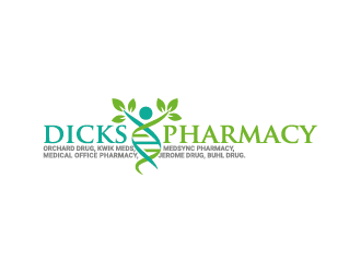 Dicks Pharmacy, Orchard Drug, Medical Office Pharmacy, Medsync Pharmacy, Kwik Meds, Jerome Drug, Buhl Drug. logo design by mhala