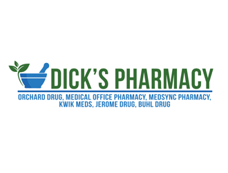 Dicks Pharmacy, Orchard Drug, Medical Office Pharmacy, Medsync Pharmacy, Kwik Meds, Jerome Drug, Buhl Drug. logo design by megalogos