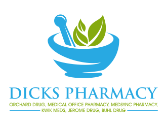 Dicks Pharmacy, Orchard Drug, Medical Office Pharmacy, Medsync Pharmacy, Kwik Meds, Jerome Drug, Buhl Drug. logo design by IrvanB