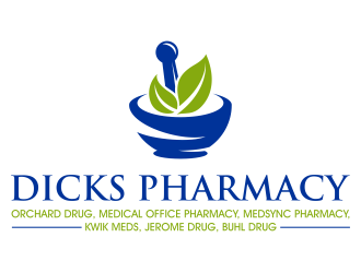 Dicks Pharmacy, Orchard Drug, Medical Office Pharmacy, Medsync Pharmacy, Kwik Meds, Jerome Drug, Buhl Drug. logo design by IrvanB