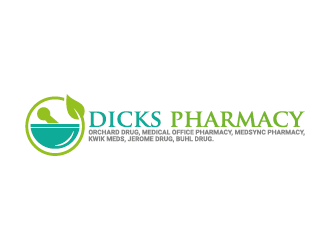 Dicks Pharmacy, Orchard Drug, Medical Office Pharmacy, Medsync Pharmacy, Kwik Meds, Jerome Drug, Buhl Drug. logo design by mhala