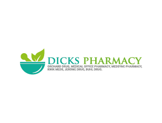 Dicks Pharmacy, Orchard Drug, Medical Office Pharmacy, Medsync Pharmacy, Kwik Meds, Jerome Drug, Buhl Drug. logo design by mhala