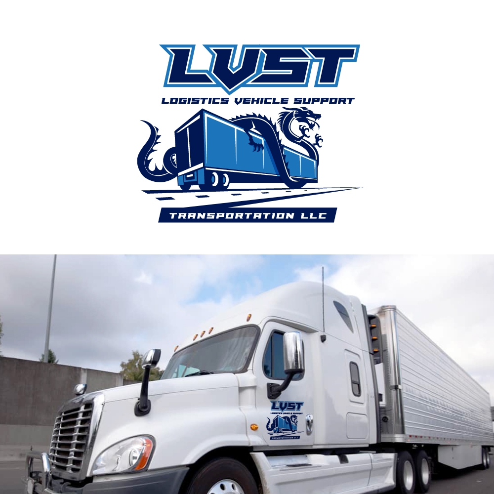 Logistics vehicle support transportation llc  It’s a dragon carrying a trailer on top of a road logo design by scriotx