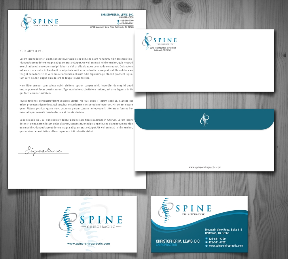Spine Chiropractic is my Doing business as for marketing.  On my business cards and letter head I want Spine Chiropractic, PLLC.  Christopher Lewis, D.C. logo design by scriotx