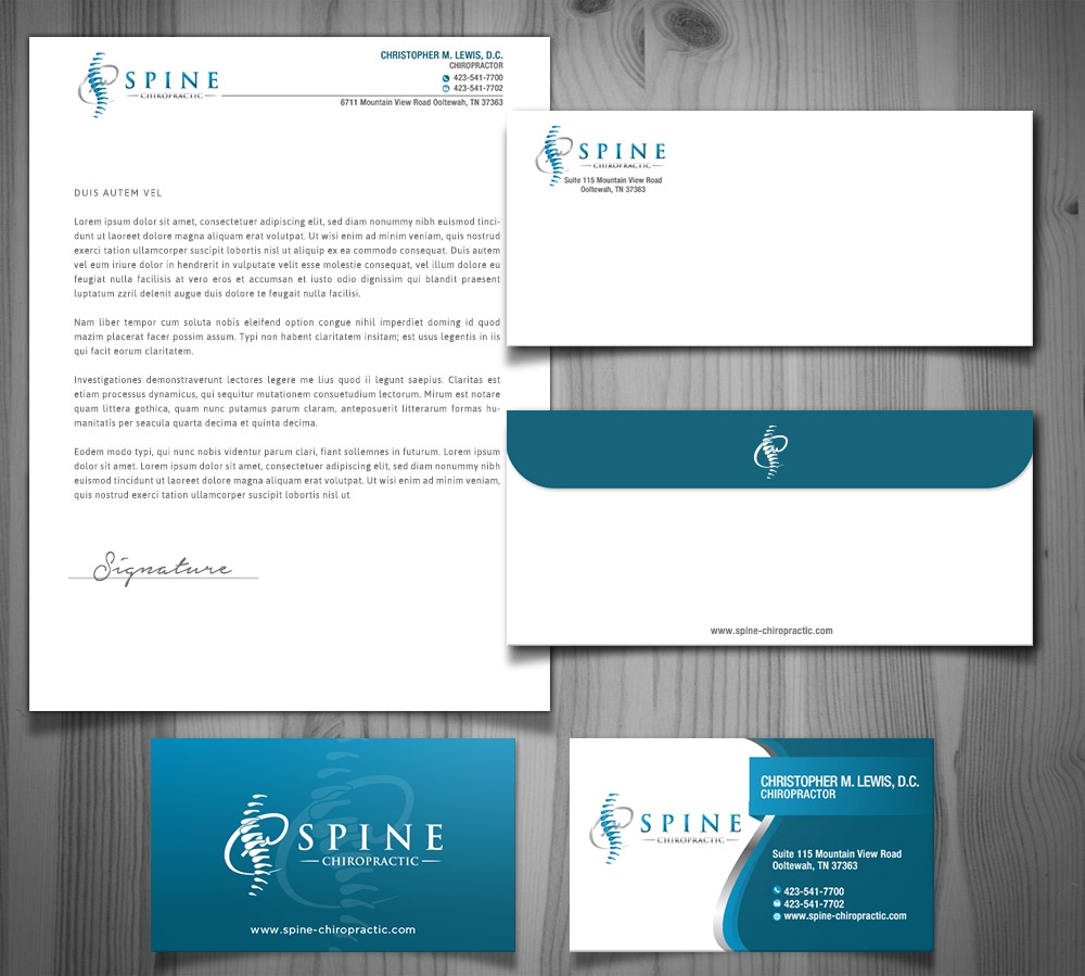 Spine Chiropractic is my Doing business as for marketing.  On my business cards and letter head I want Spine Chiropractic, PLLC.  Christopher Lewis, D.C. logo design by scriotx