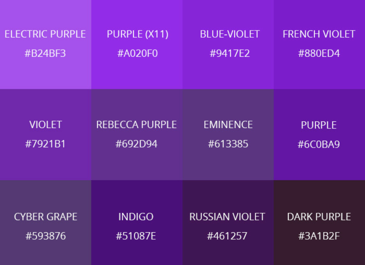 Оттенки фиолетового цвета палитра названия цветов и фото