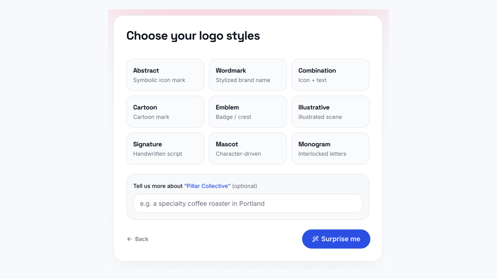 LogoAI logo style selection screen with a Surprise me option